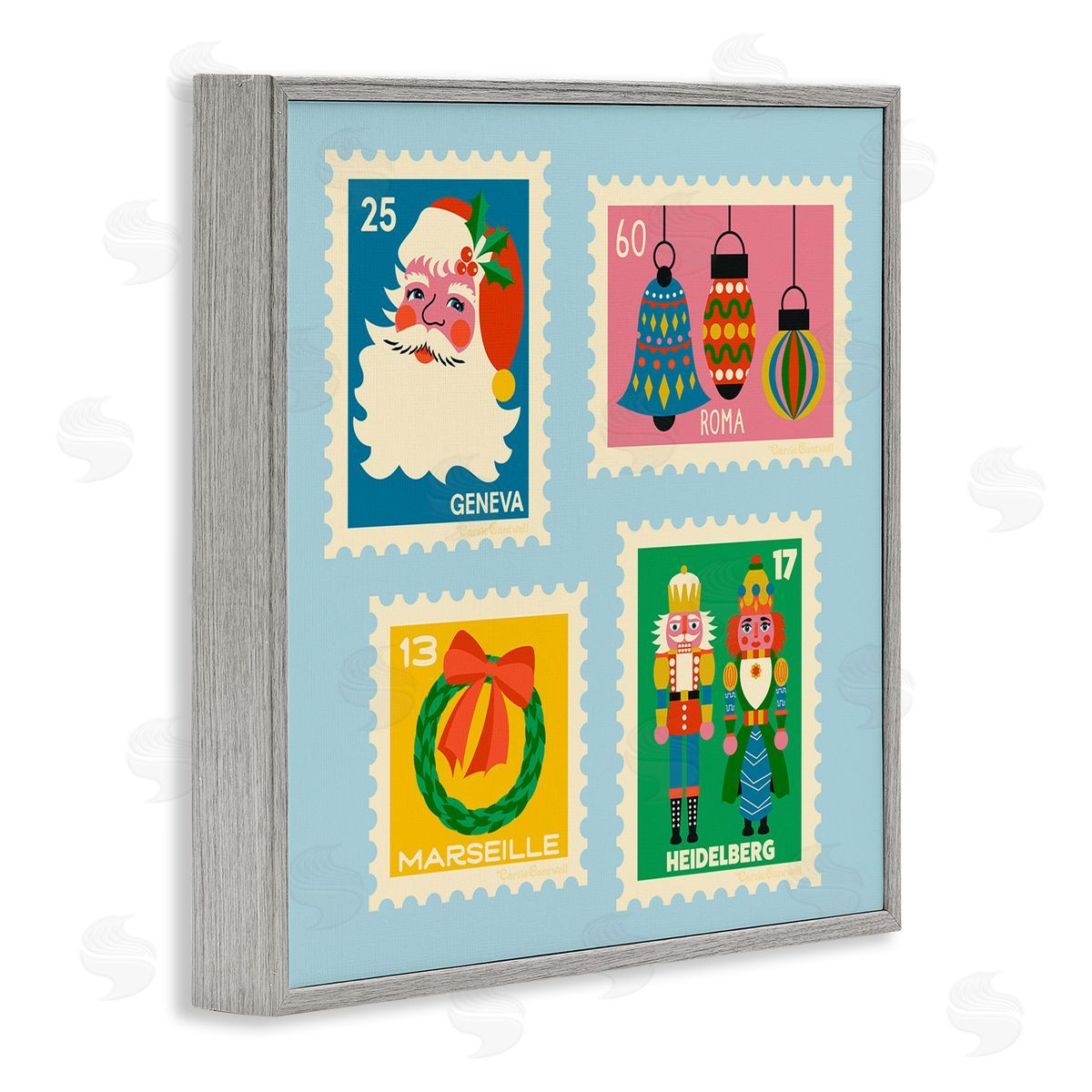 Vintage Christmas Postage Stamps Grey Frame Print Wall Art, Home Decor by Carrie Cantwell