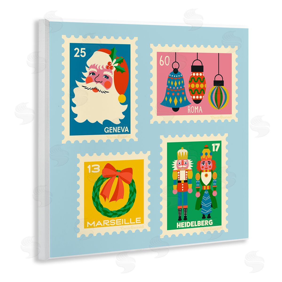 Vintage Christmas Postage Stamps Wood Plaque Wall Art, Home Decor by Carrie Cantwell