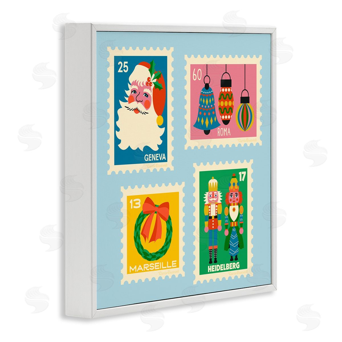 Vintage Christmas Postage Stamps White Frame Print Wall Art, Home Decor by Carrie Cantwell
