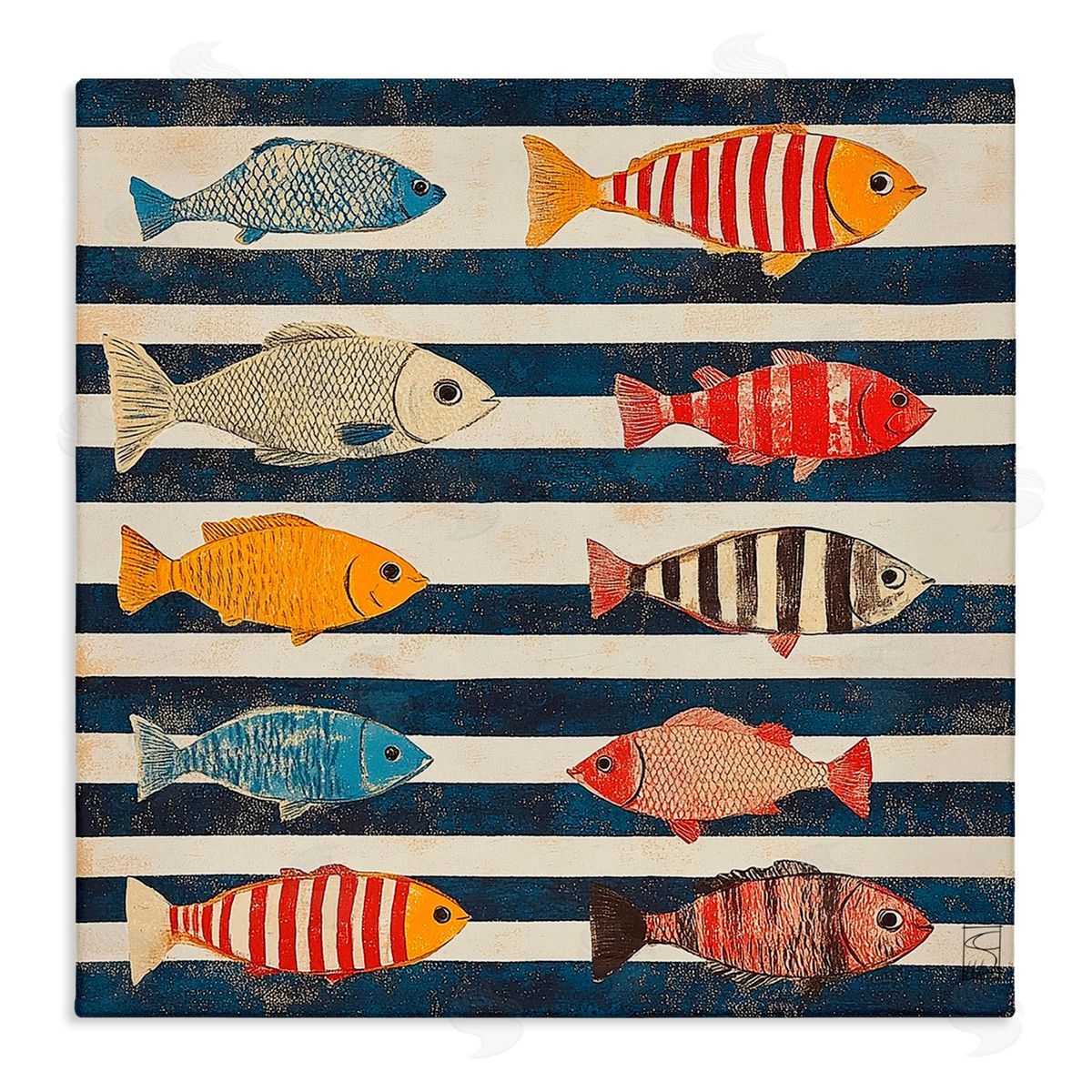 Sara Culpepper Maritime Fish on Stripes Canvas Wall Art Print