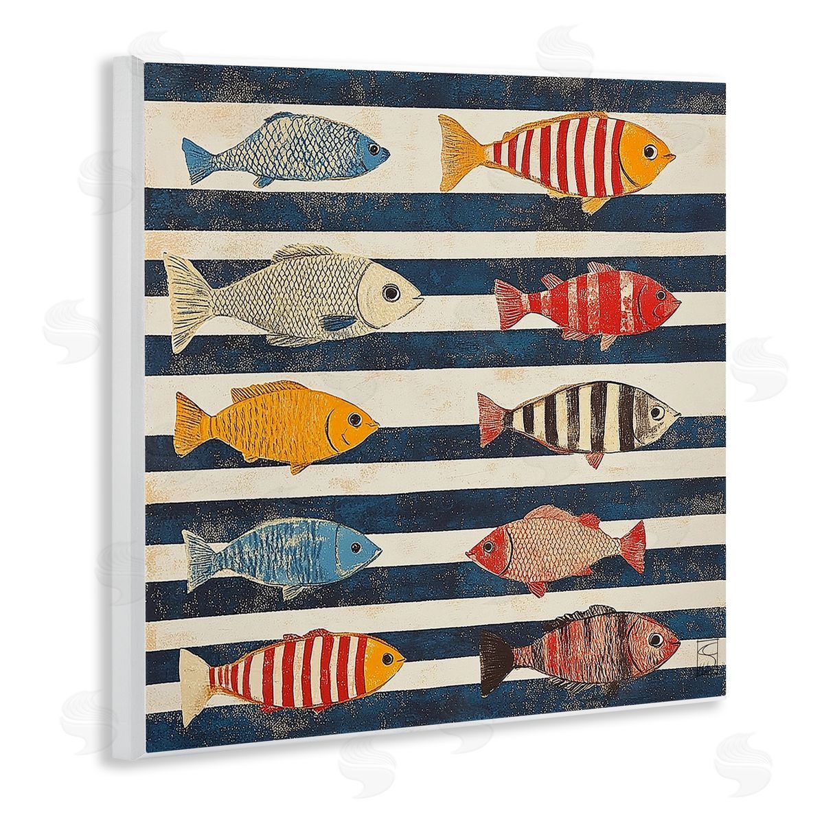 Sara Culpepper Maritime Fish on Stripes Canvas Wall Art Print