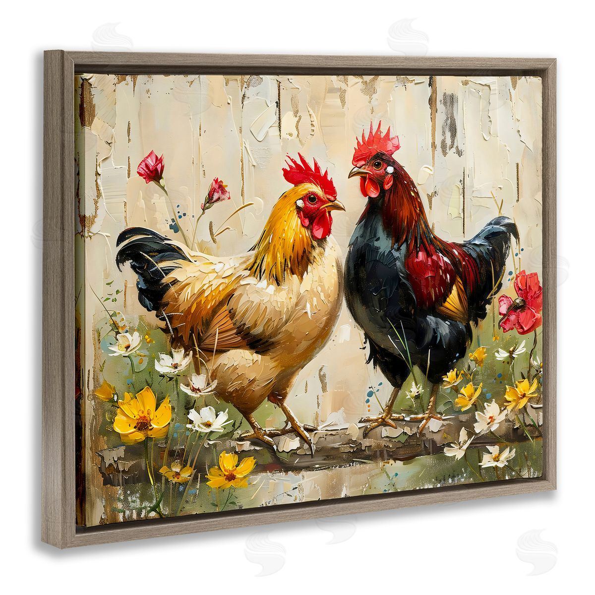 LSR Creative Studio Country Chic Floral Roosters Canvas Wall Art Print