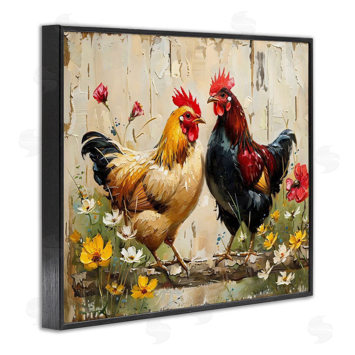 LSR Creative Studio Country Chic Floral Roosters Canvas Wall Art Print