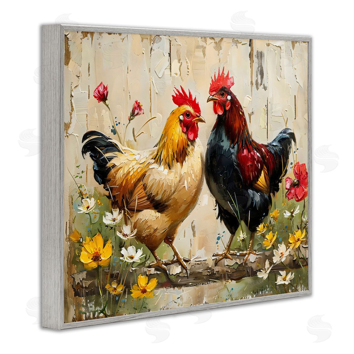 LSR Creative Studio Country Chic Floral Roosters Canvas Wall Art Print