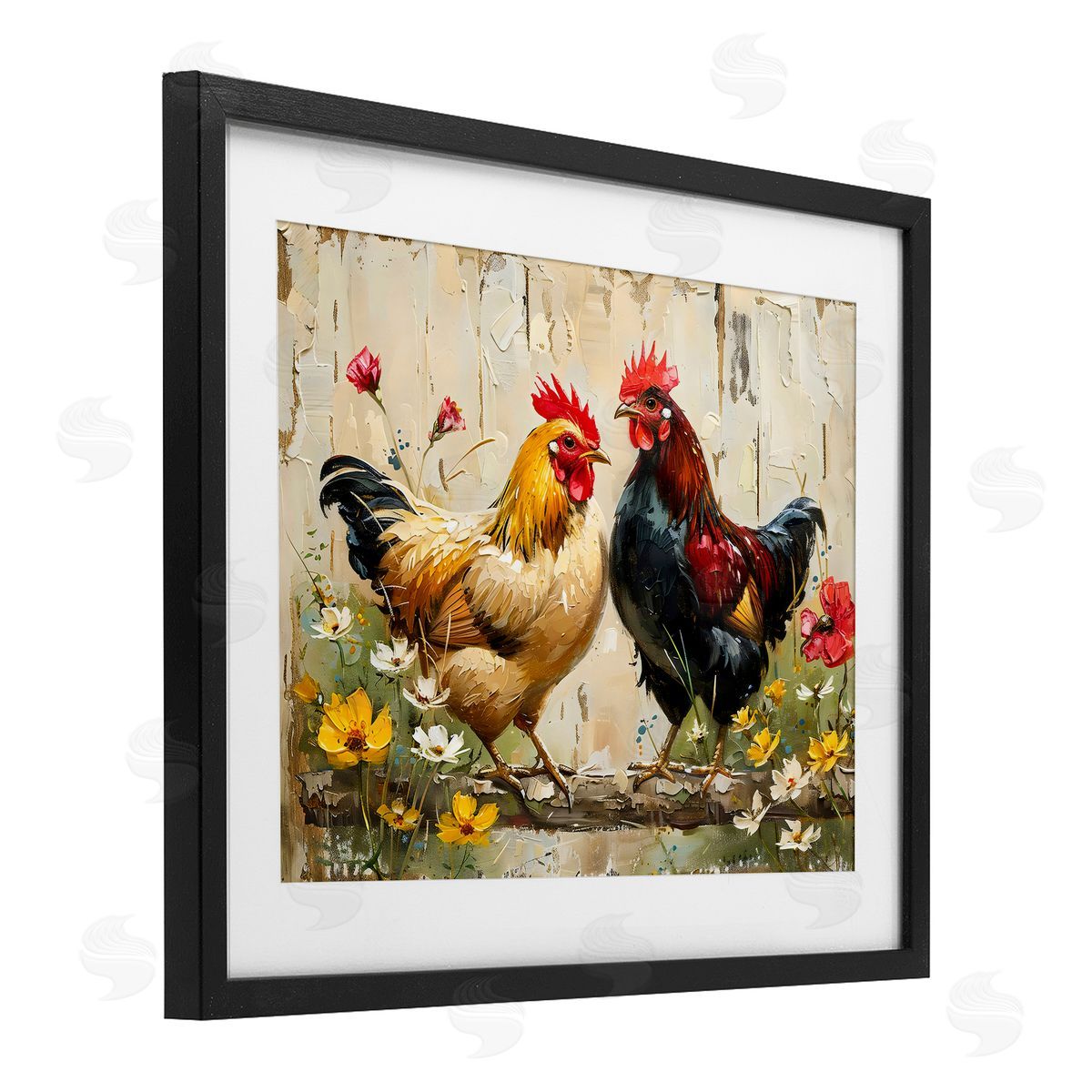 LSR Creative Studio Country Chic Floral Roosters Canvas Wall Art Print