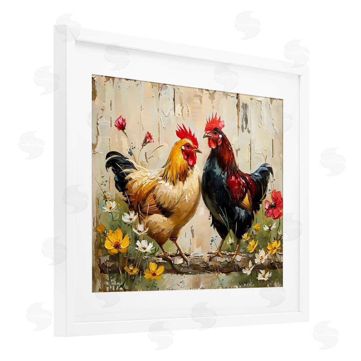 LSR Creative Studio Country Chic Floral Roosters Canvas Wall Art Print