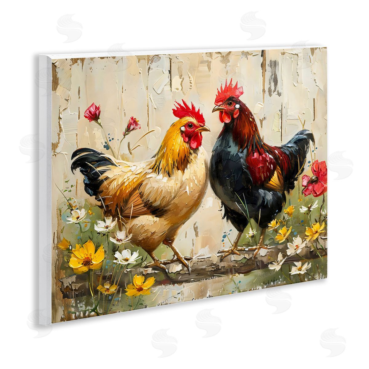 LSR Creative Studio Country Chic Floral Roosters Canvas Wall Art Print