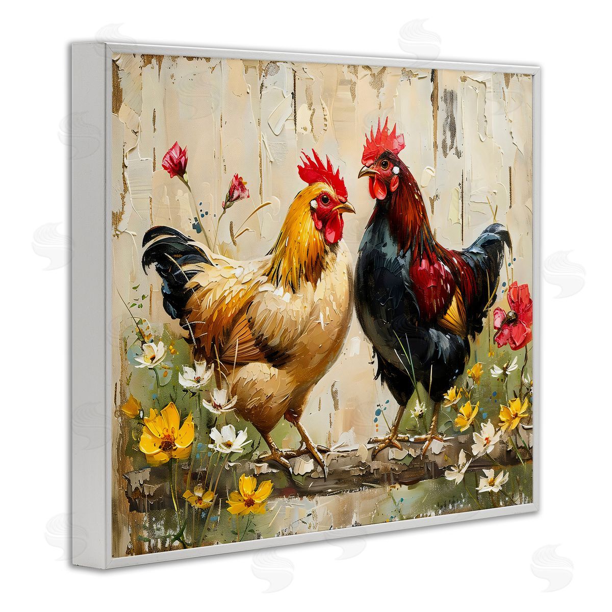 LSR Creative Studio Country Chic Floral Roosters Canvas Wall Art Print