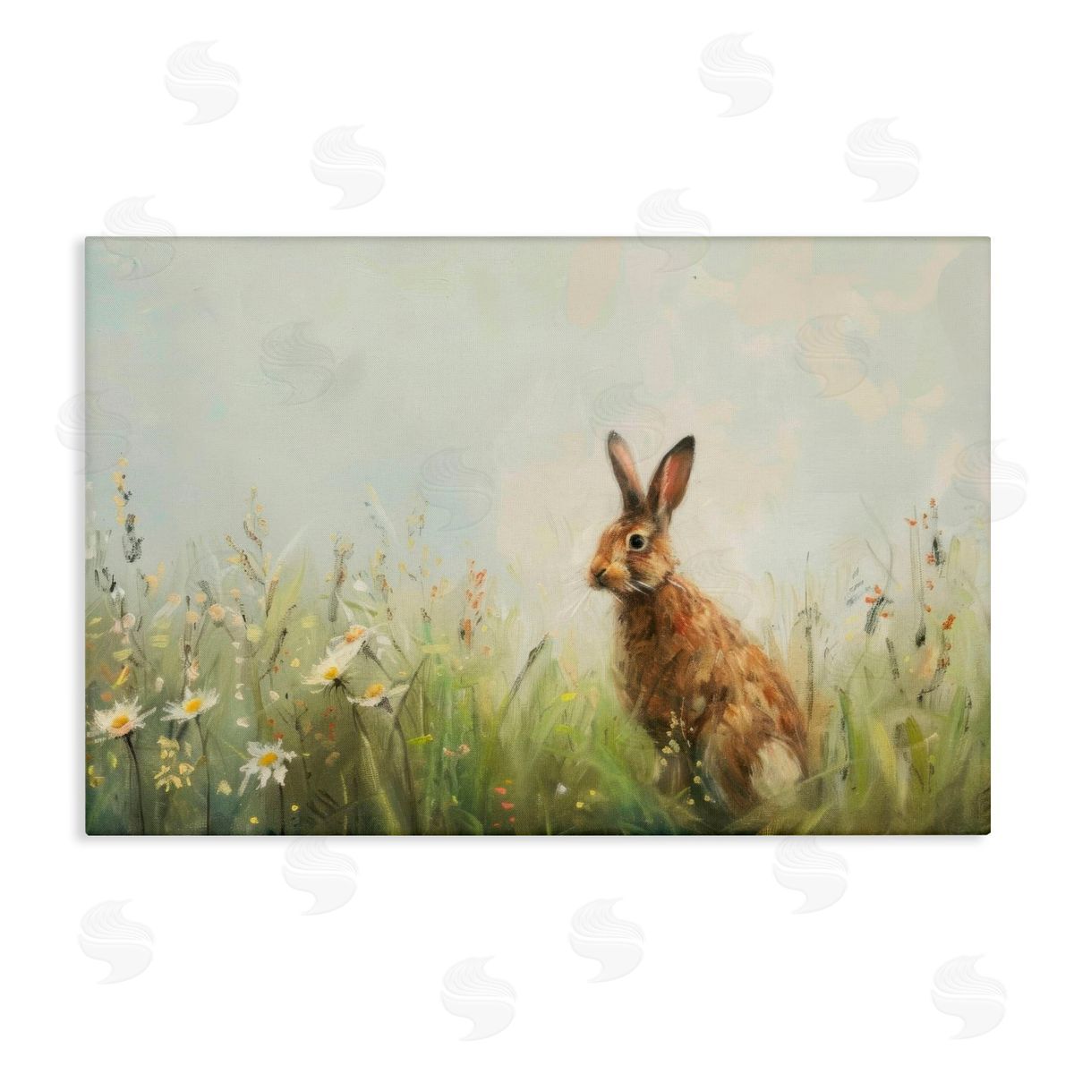 LSR Design Studio Brown Rabbit with Daisies Canvas Wall Art Print