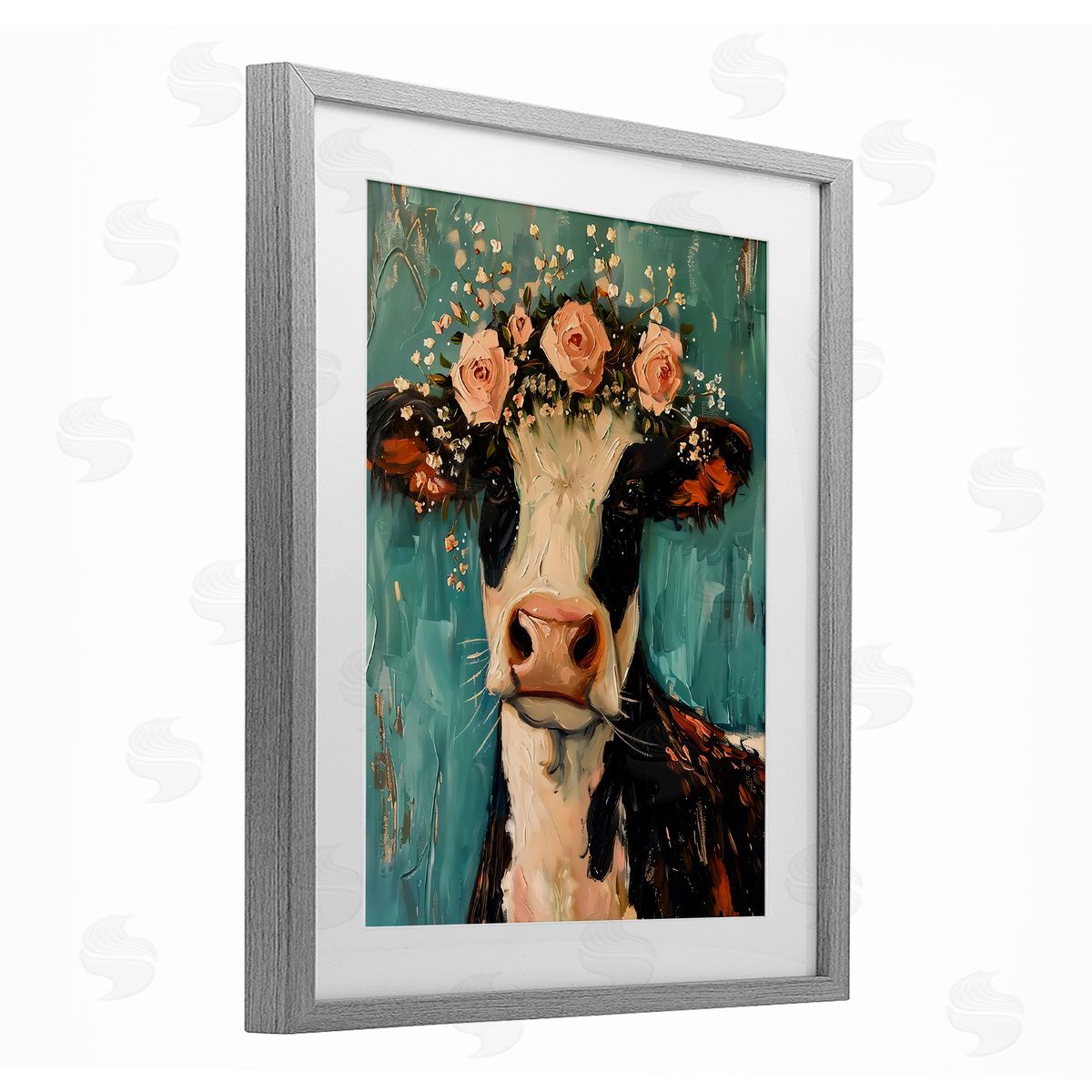 LSR Creative Studio Pretty Pink Flower Cow Canvas Wall Art Print