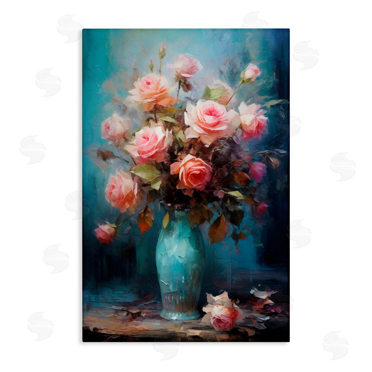 LSR Creative Studio Blue Vase with Pink Roses Canvas Wall Art Print