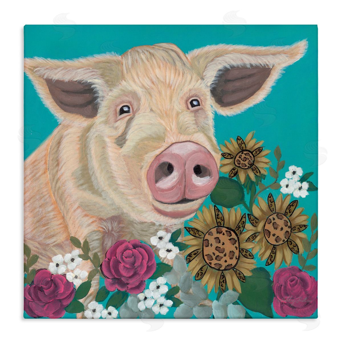 Ashley Justice Pig Portrait with Purple Flowers Canvas Wall Art Print