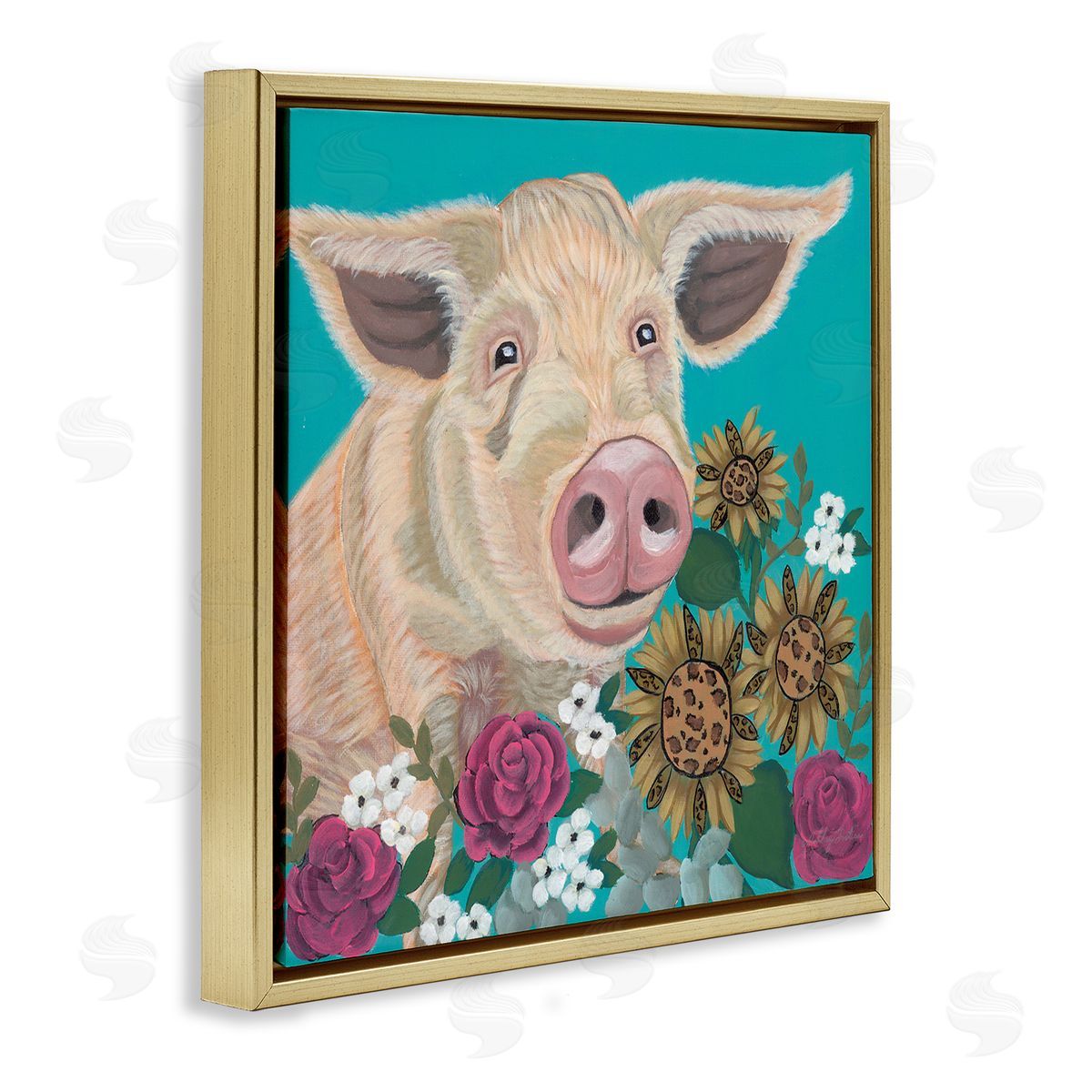 Ashley Justice Pig Portrait with Purple Flowers Canvas Wall Art Print
