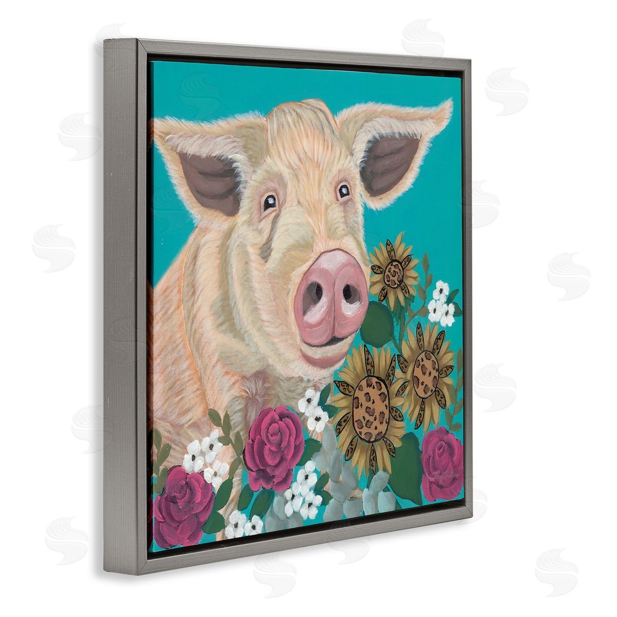 Ashley Justice Pig Portrait with Purple Flowers Canvas Wall Art Print