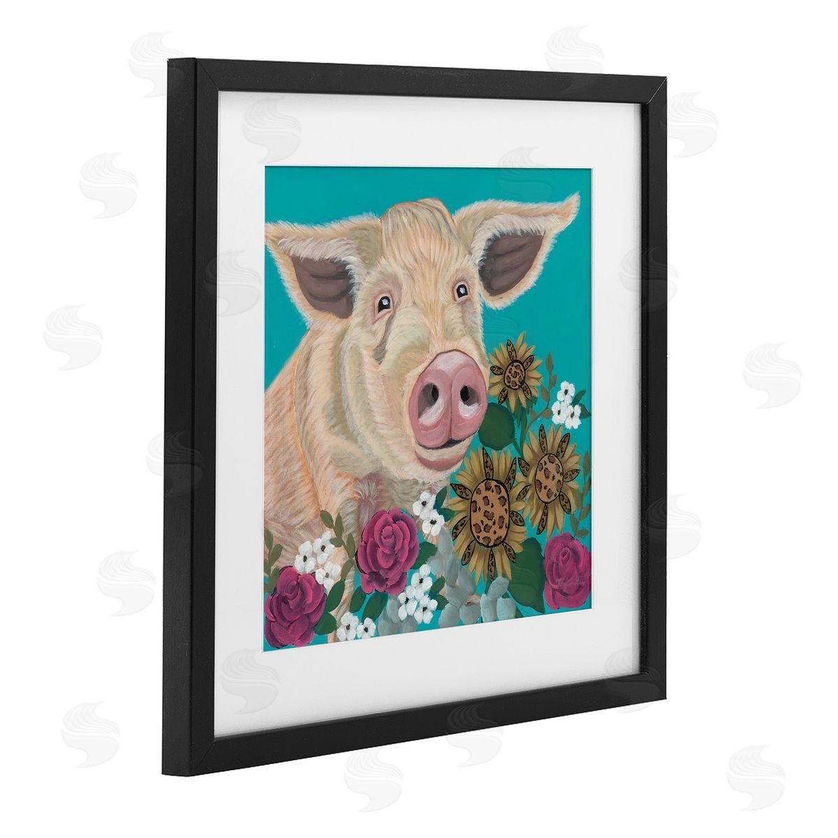 Ashley Justice Pig Portrait with Purple Flowers Canvas Wall Art Print