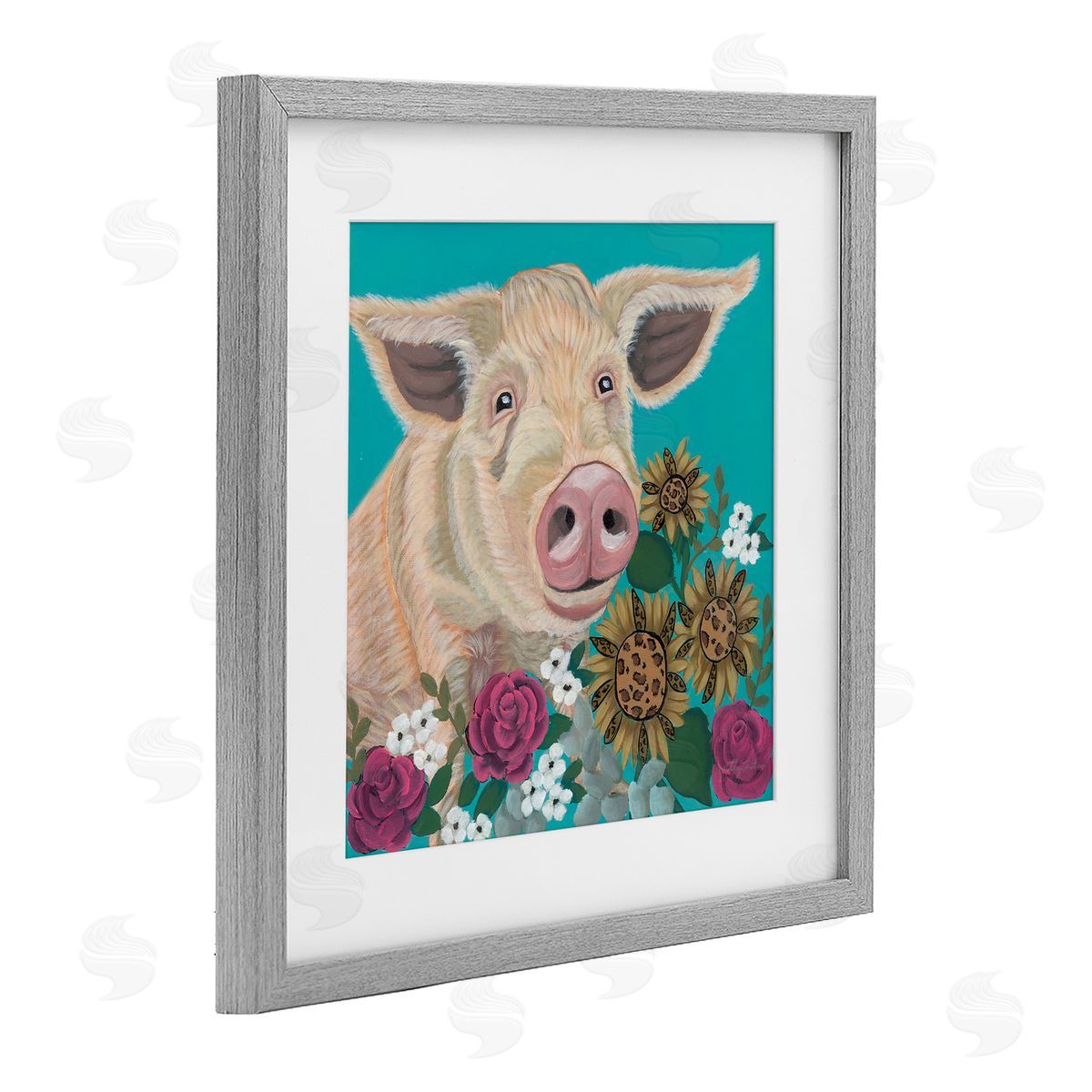 Ashley Justice Pig Portrait with Purple Flowers Canvas Wall Art Print
