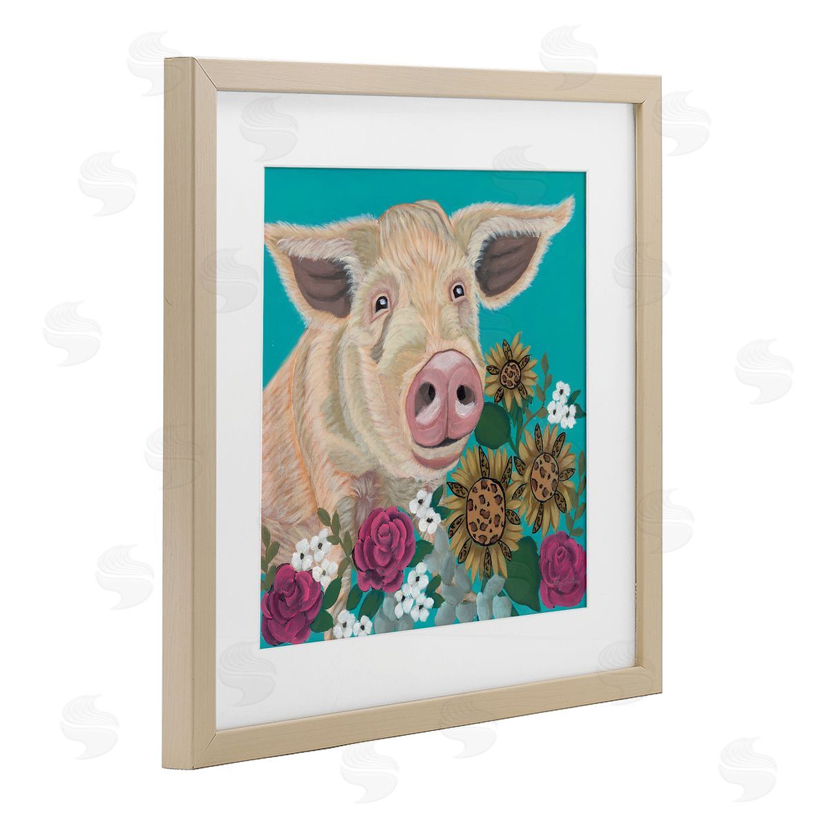 Ashley Justice Pig Portrait with Purple Flowers Canvas Wall Art Print