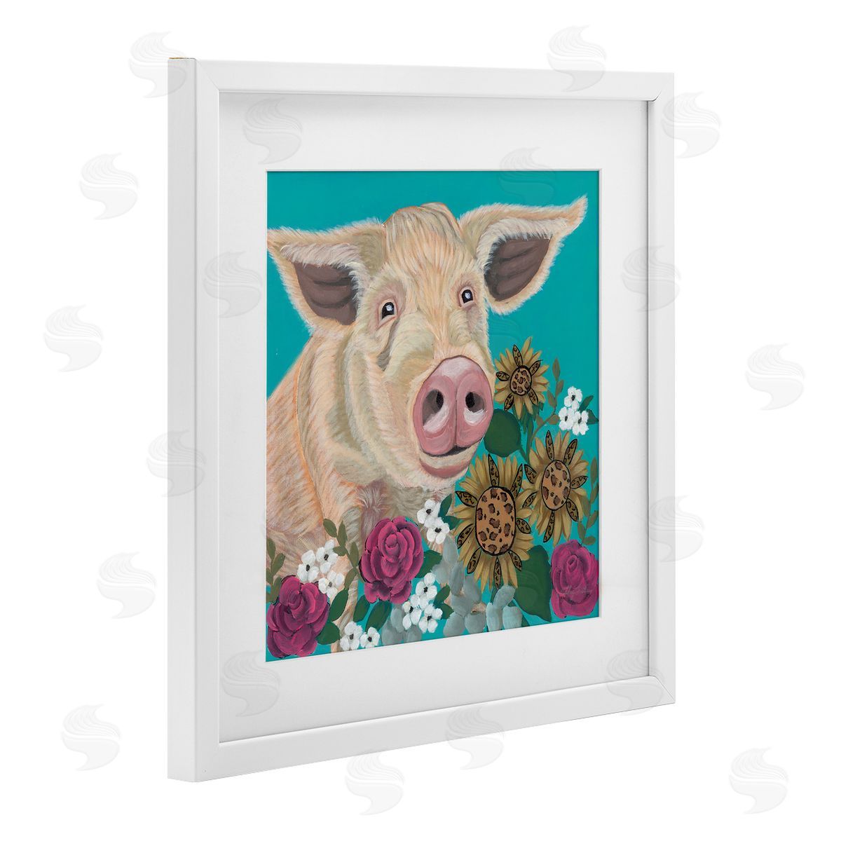 Ashley Justice Pig Portrait with Purple Flowers Canvas Wall Art Print