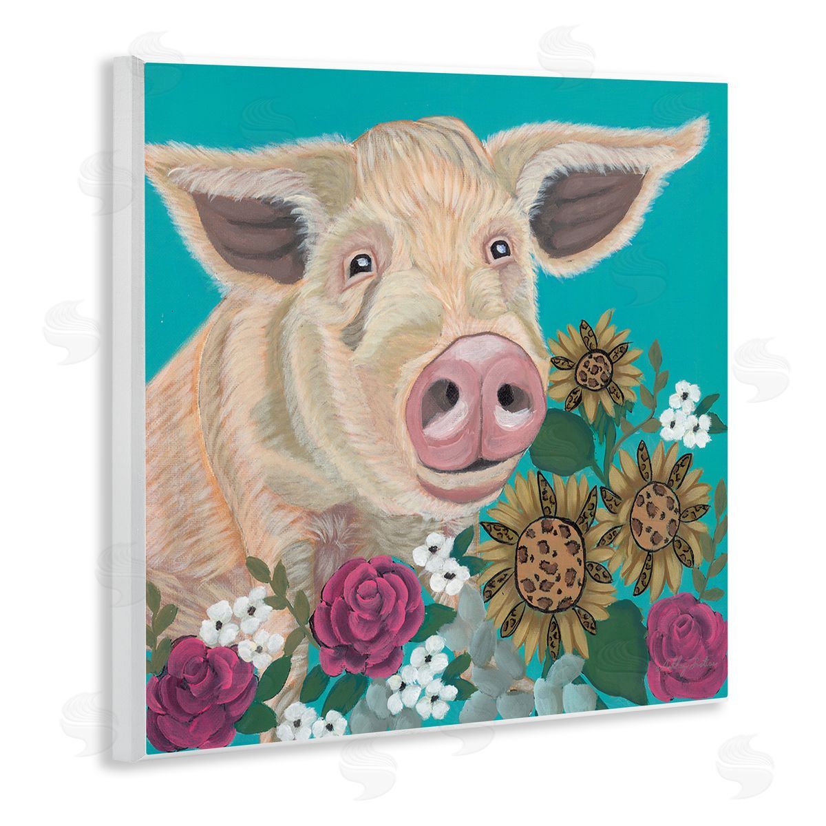 Ashley Justice Pig Portrait with Purple Flowers Canvas Wall Art Print