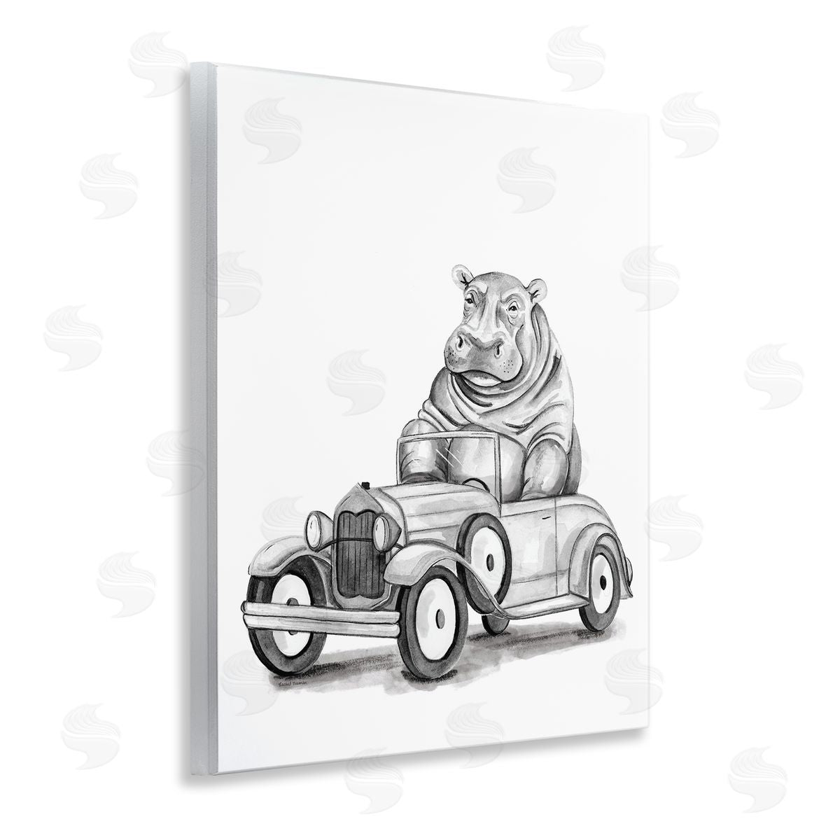Rachel Nieman Hippo in Vintage Vehicle Canvas Wall Art Print