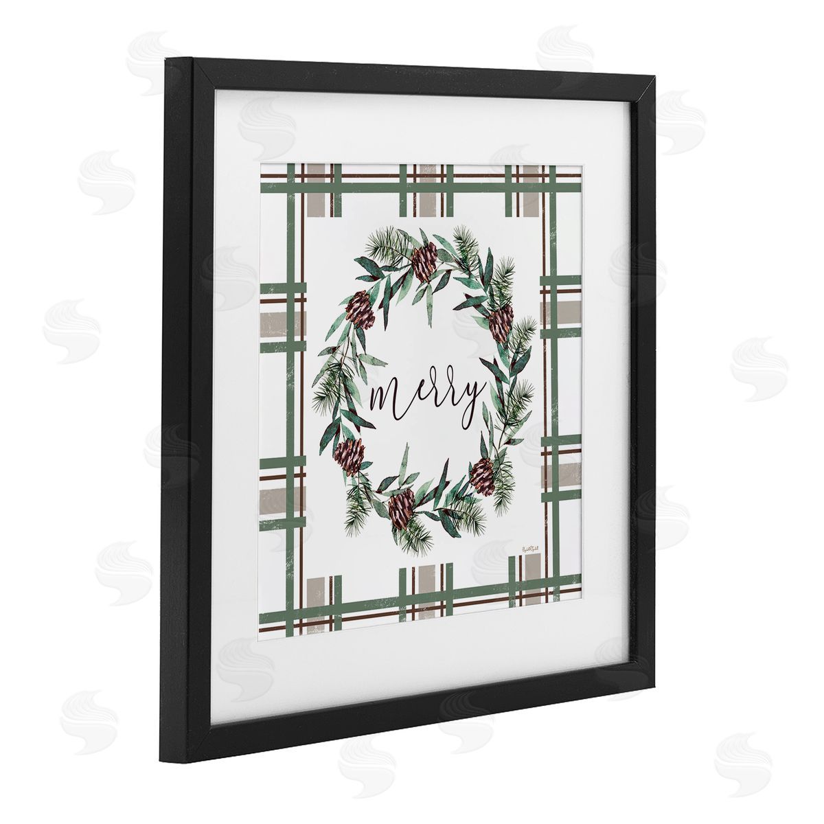 Elizabeth Tyndall Merry Wreath on Green Plaid Canvas Wall Art Print