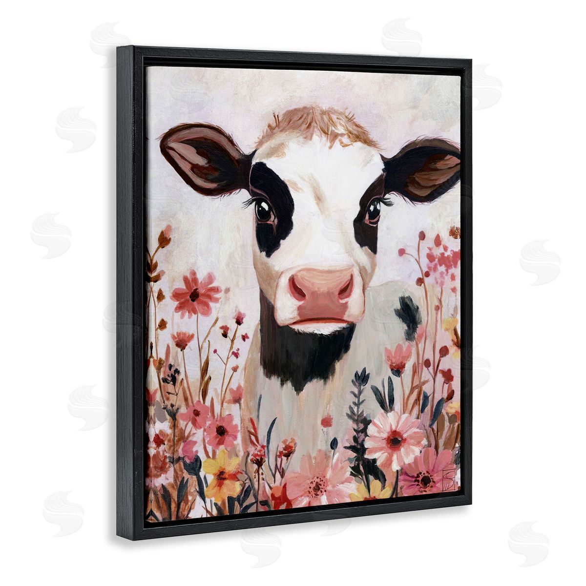 Sara Culpepper Cow and Pink Wild Flowers Canvas Wall Art Print