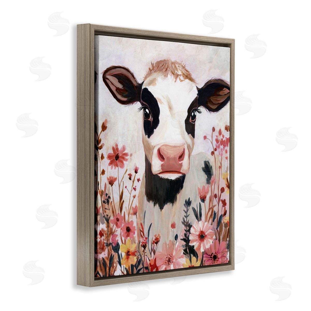 Sara Culpepper Cow and Pink Wild Flowers Canvas Wall Art Print