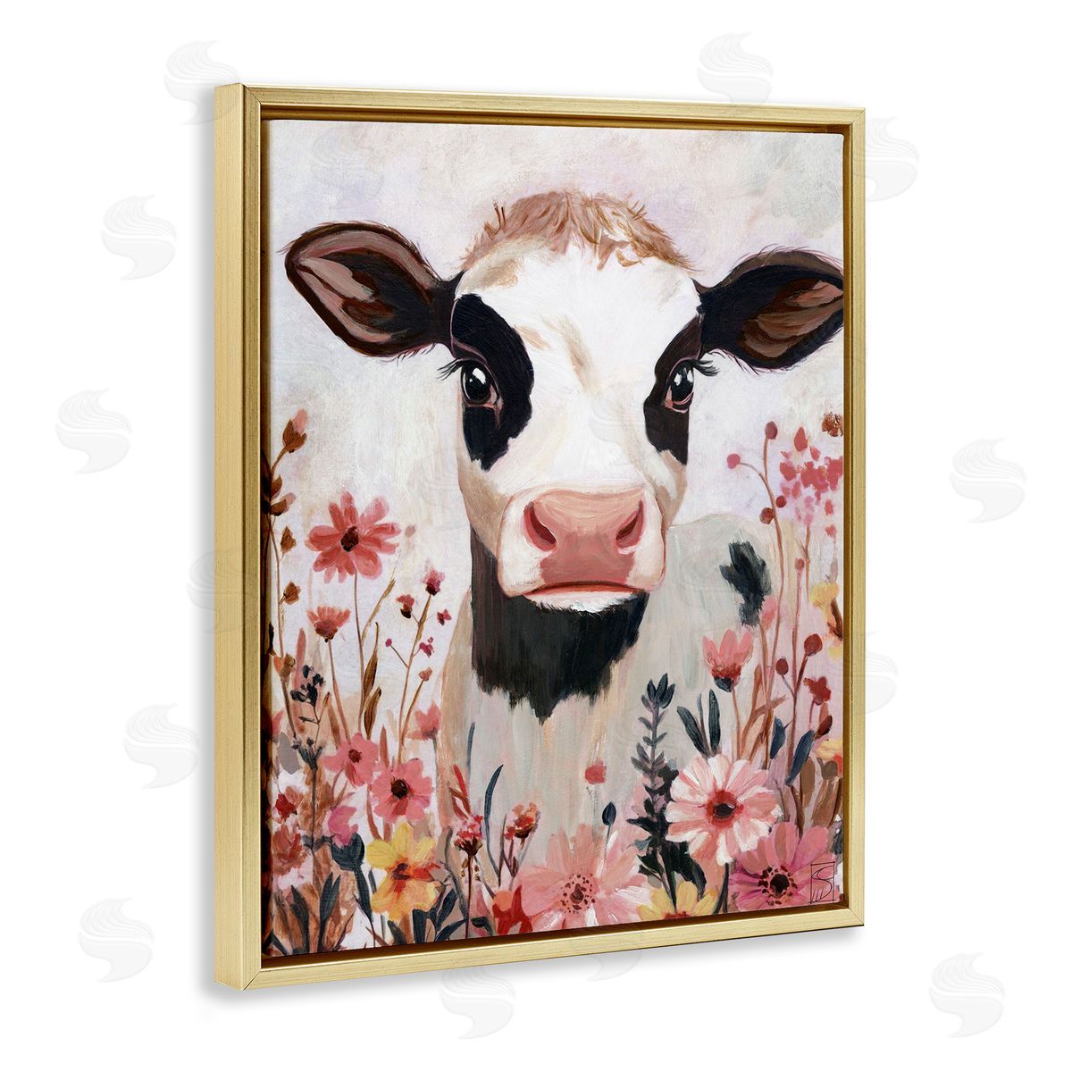 Sara Culpepper Cow and Pink Wild Flowers Canvas Wall Art Print