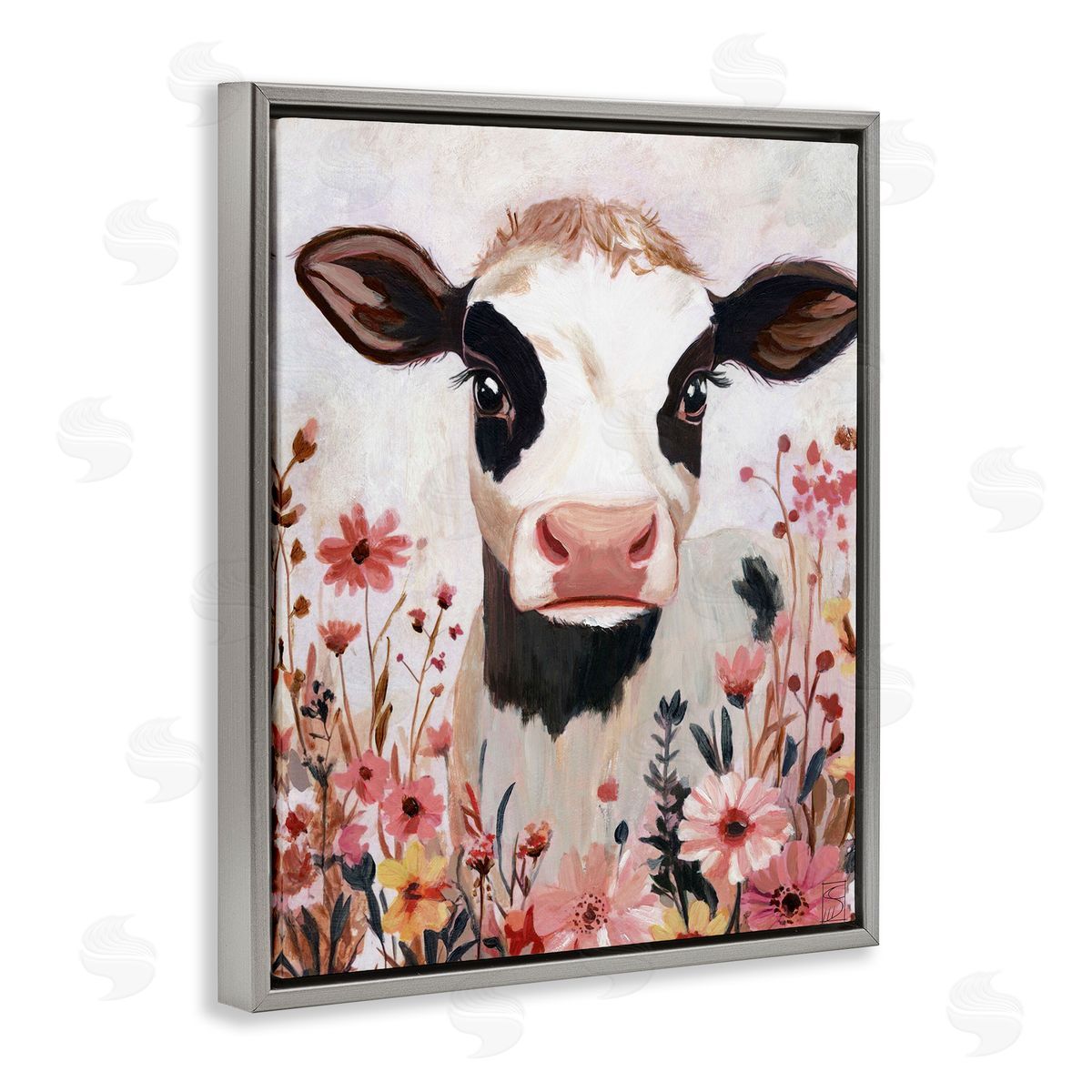 Sara Culpepper Cow and Pink Wild Flowers Canvas Wall Art Print