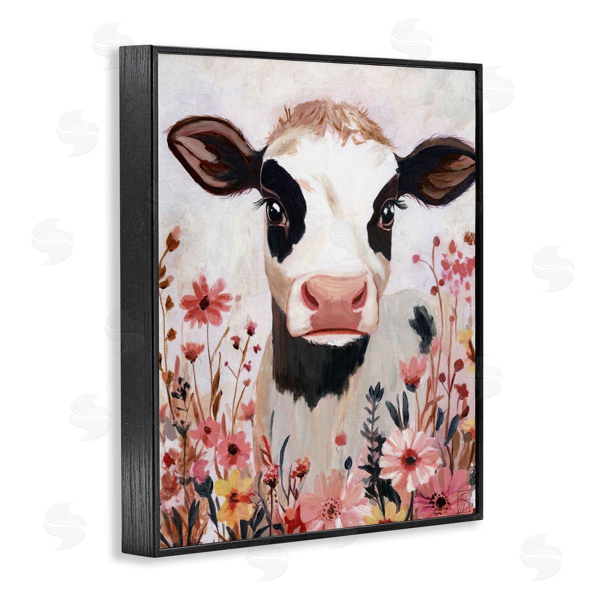 Sara Culpepper Cow and Pink Wild Flowers Canvas Wall Art Print
