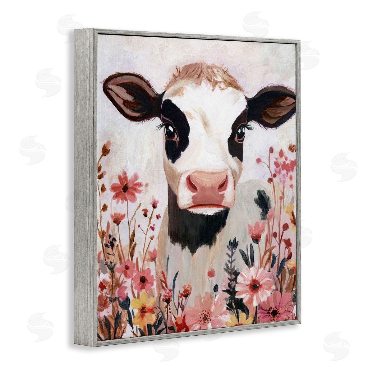Sara Culpepper Cow and Pink Wild Flowers Canvas Wall Art Print