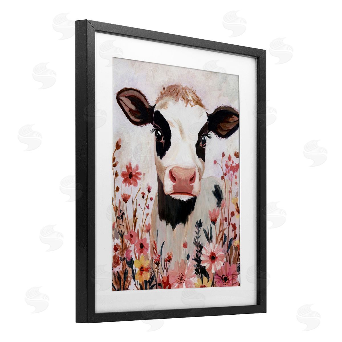 Sara Culpepper Cow and Pink Wild Flowers Canvas Wall Art Print
