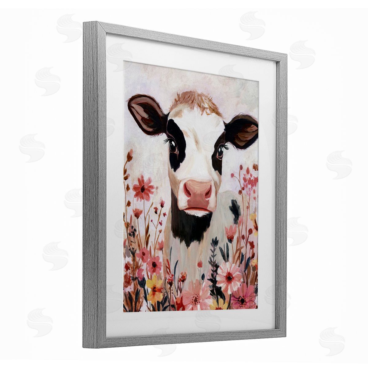 Sara Culpepper Cow and Pink Wild Flowers Canvas Wall Art Print