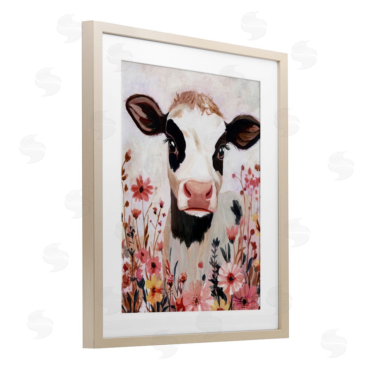 Sara Culpepper Cow and Pink Wild Flowers Canvas Wall Art Print
