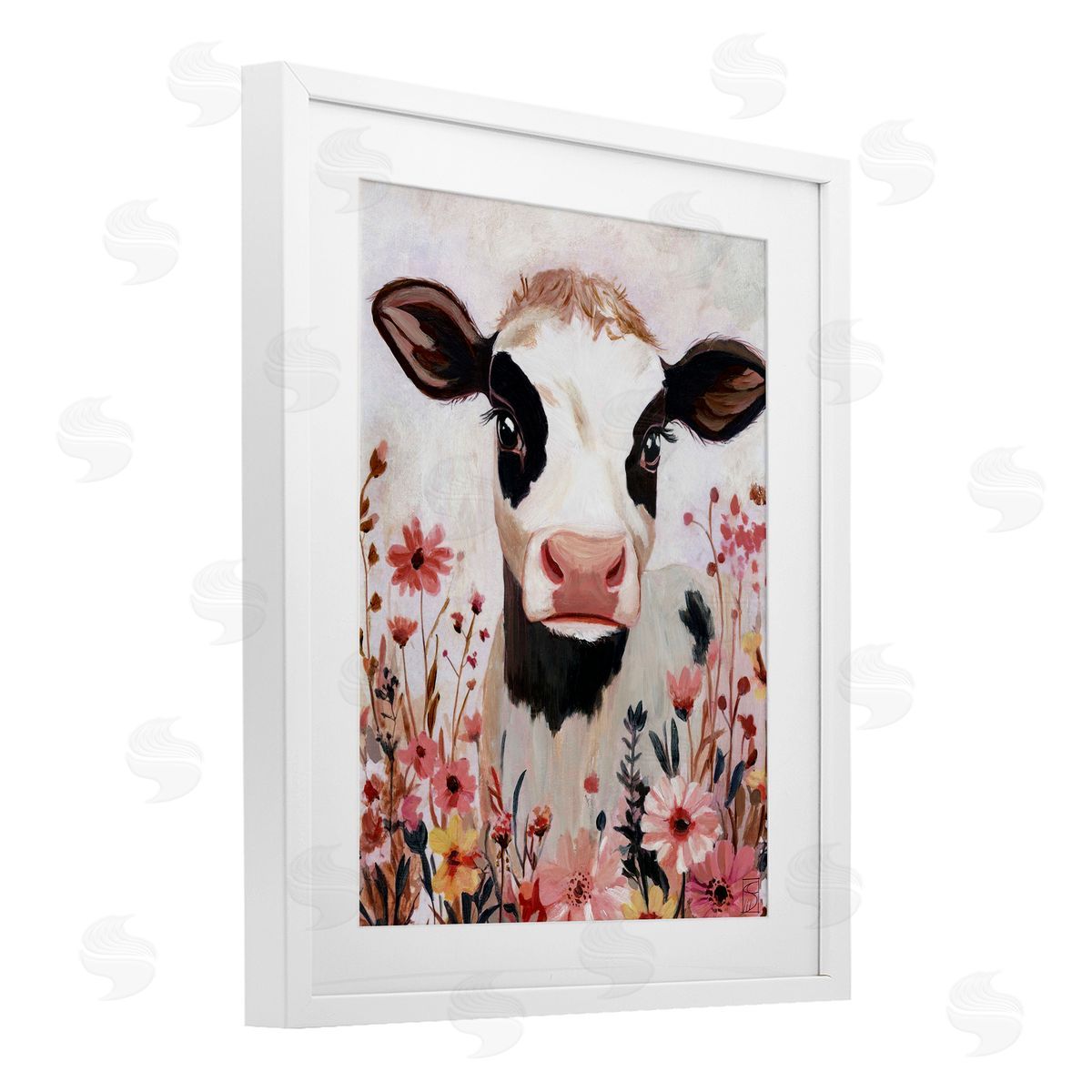 Sara Culpepper Cow and Pink Wild Flowers Canvas Wall Art Print