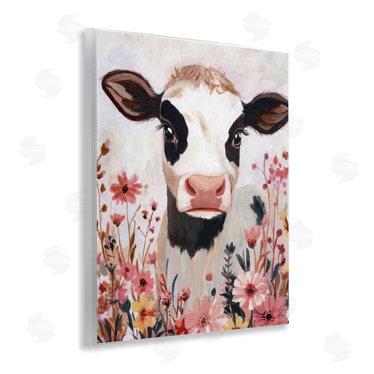 Sara Culpepper Cow and Pink Wild Flowers Canvas Wall Art Print