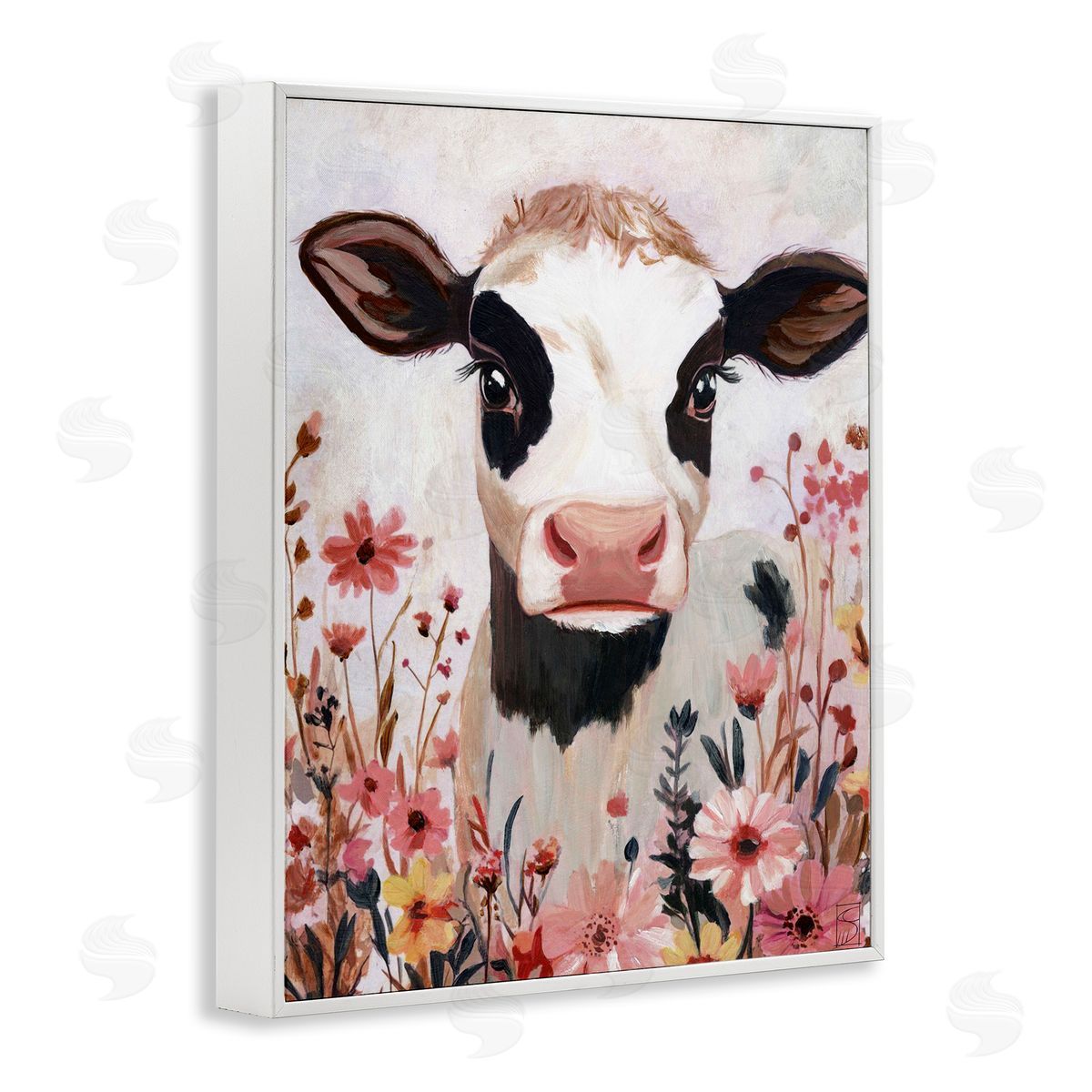 Sara Culpepper Cow and Pink Wild Flowers Canvas Wall Art Print