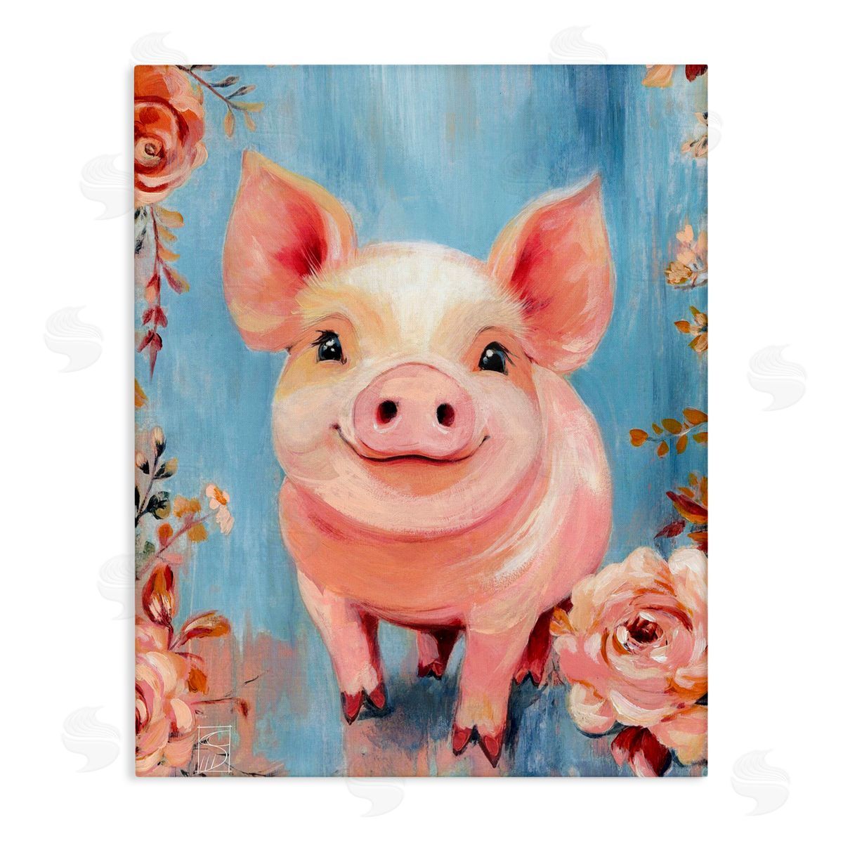 Sara Culpepper Smiling Pig & Flowers Canvas Wall Art Print