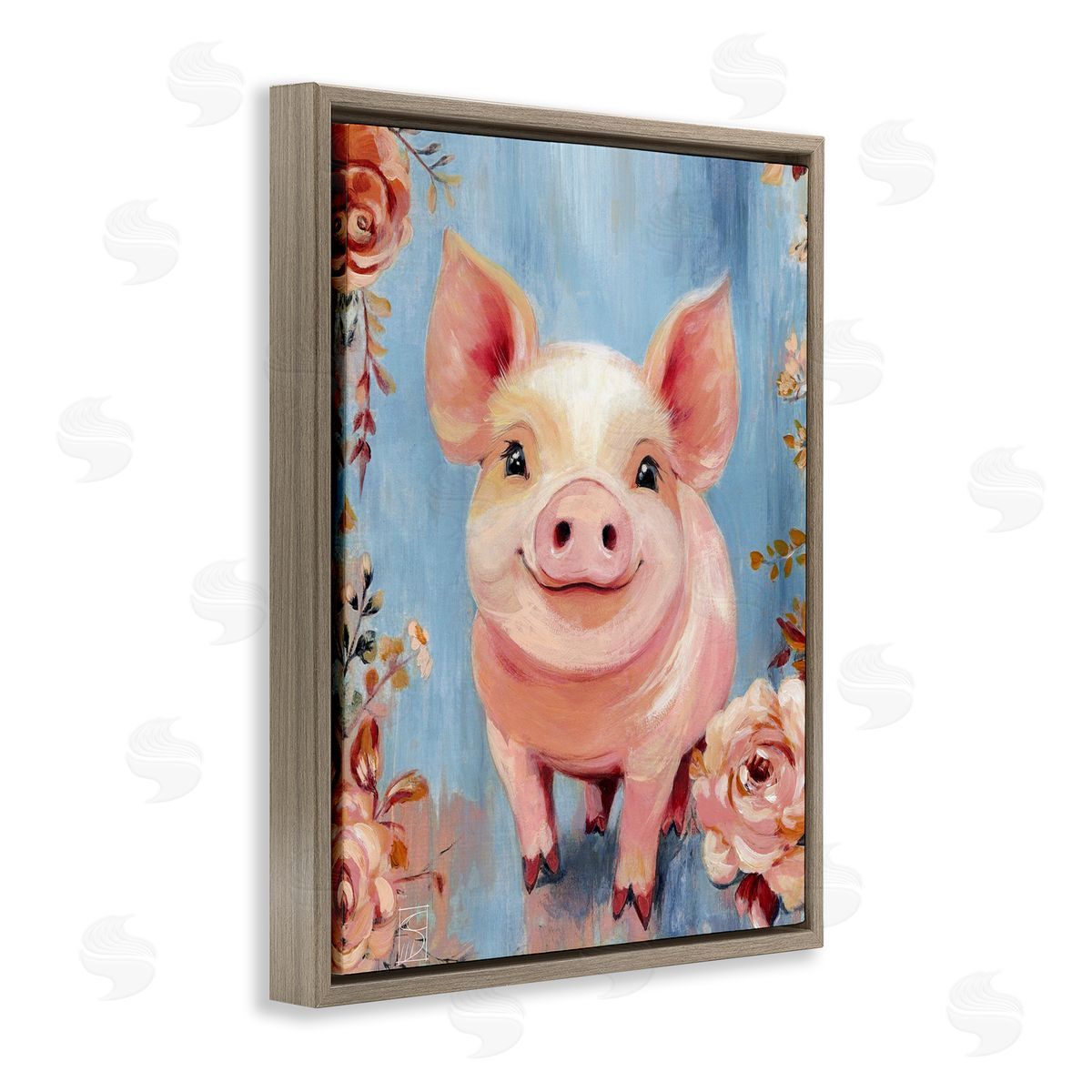 Sara Culpepper Smiling Pig & Flowers Canvas Wall Art Print