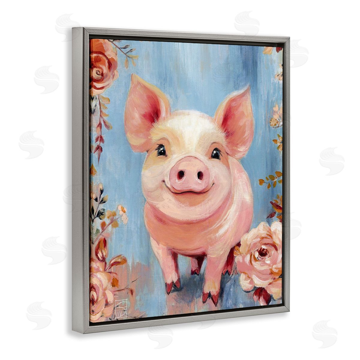 Sara Culpepper Smiling Pig & Flowers Canvas Wall Art Print