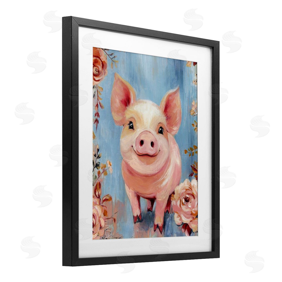 Sara Culpepper Smiling Pig & Flowers Canvas Wall Art Print