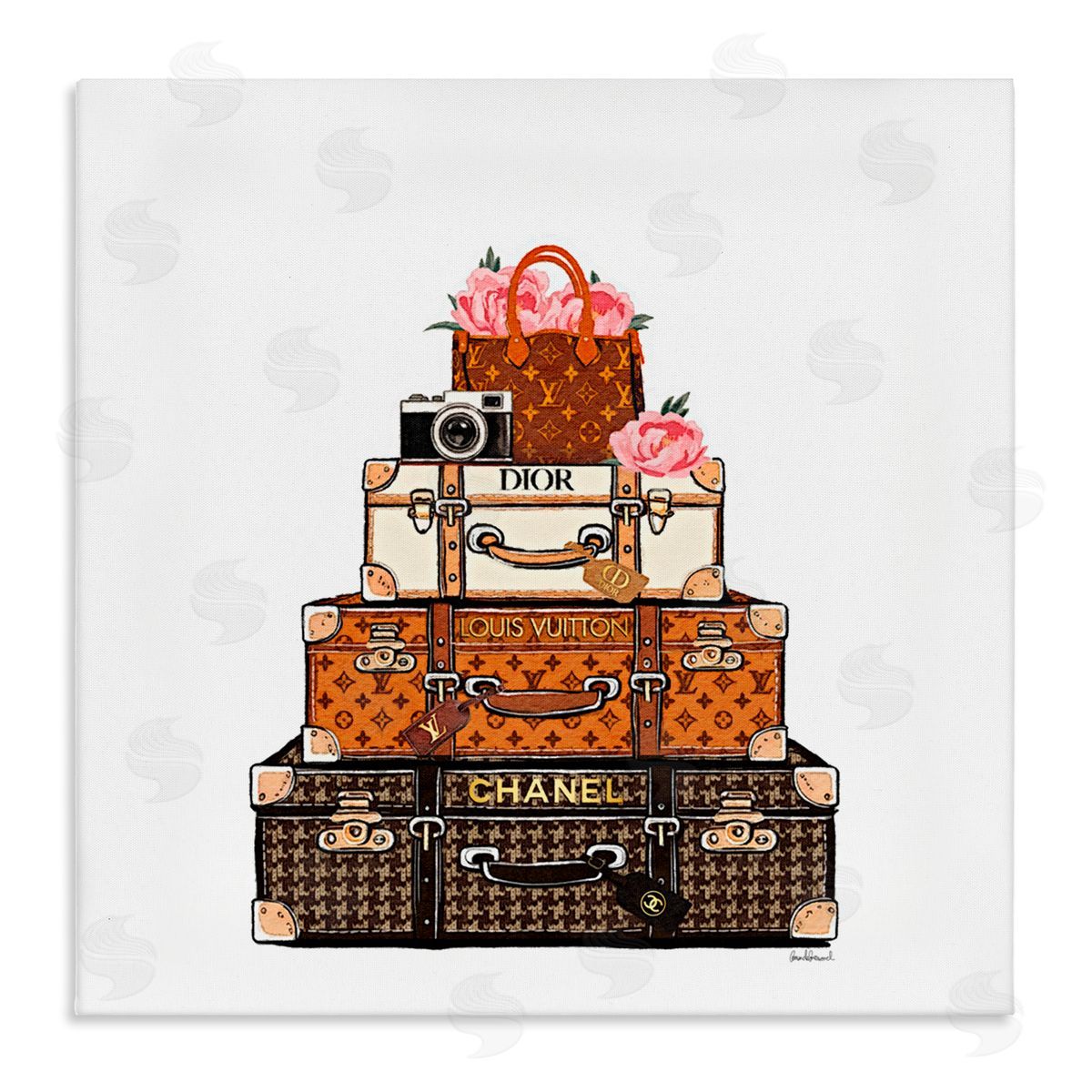 Amanda Greenwood Luggage with Flowers & Camera Canvas Wall Art Print