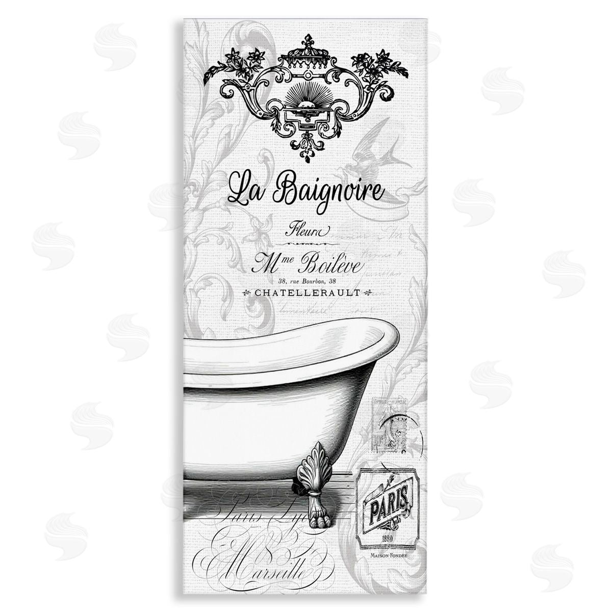 Lettered and Lined Ornate French Bathtub Canvas Wall Art Print