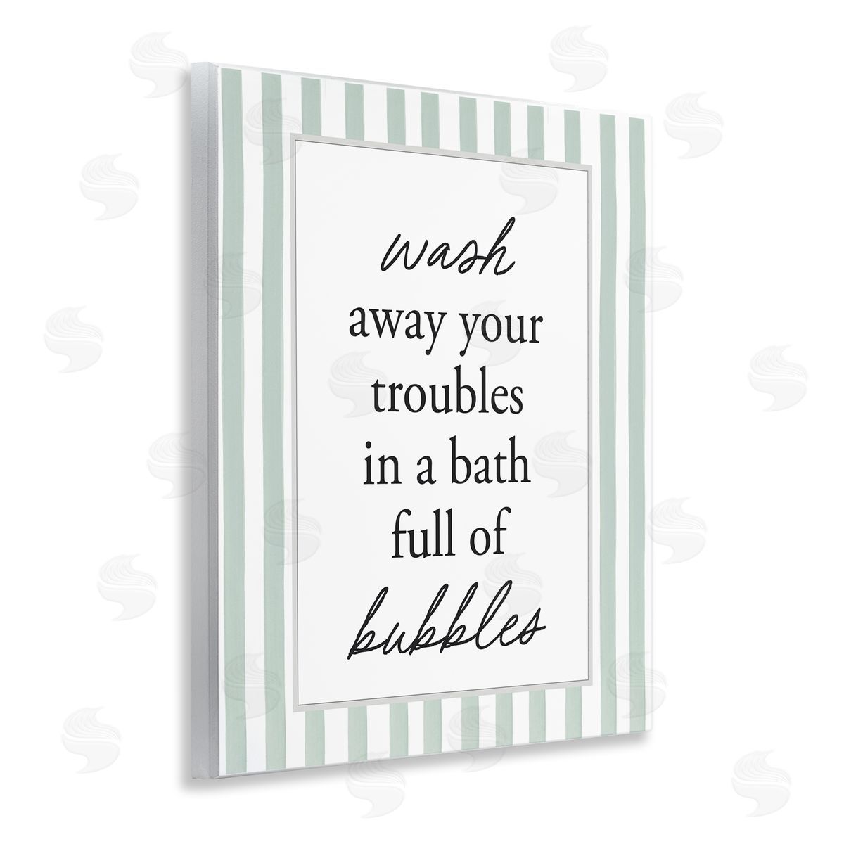 Lettered and Lined Bubble Bath Phrase on Stripes Canvas Wall Art Print