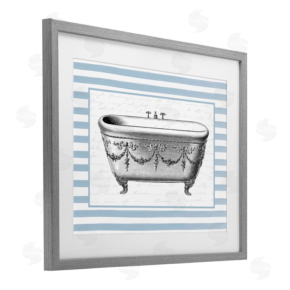 Lettered and Lined Ornate Vintage Tub on Stripes Gray Framed Print Under Glass Art