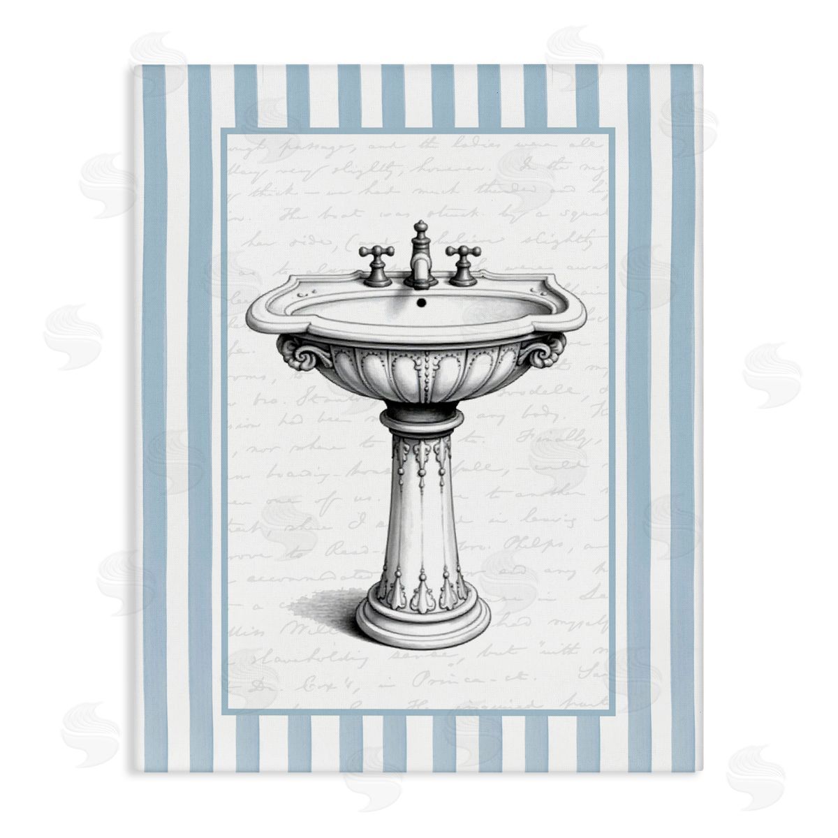 Lettered and Lined Vintage Sink Blue Stripes Canvas Wall Art Print