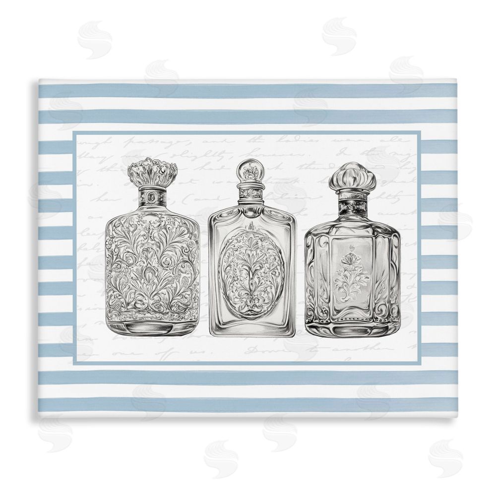 Lettered and Lined Ornate Bottles on Blue Stripes Canvas Wall Art Print