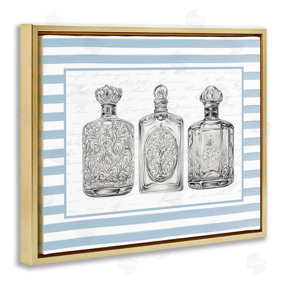 Lettered and Lined Ornate Bottles on Blue Stripes Gold Floating Frame Canvas Art Print