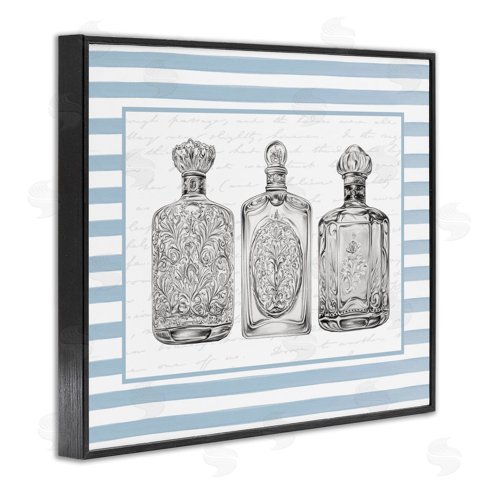 Lettered and Lined Ornate Bottles on Blue Stripes Black Framed Giclee Art Print