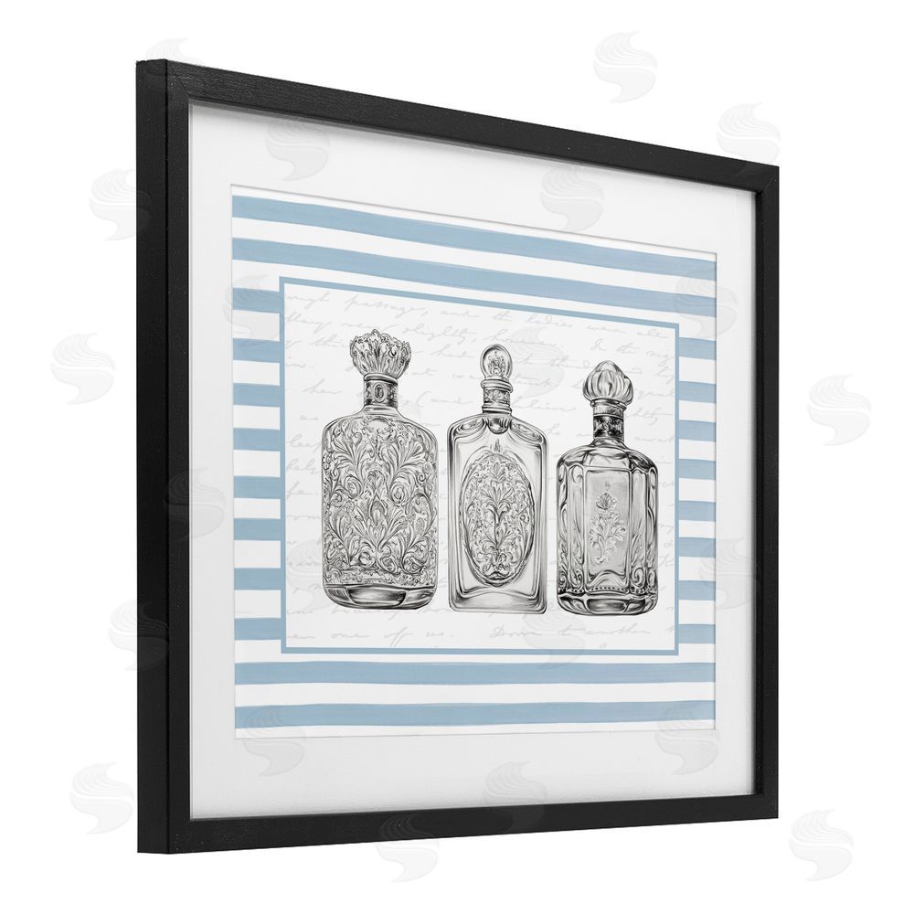 Lettered and Lined Ornate Bottles on Blue Stripes Black Framed Print Under Glass Art